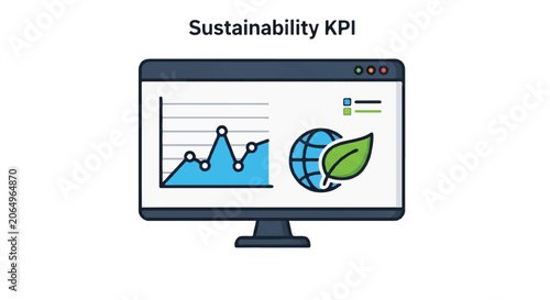 Environmental sustainability KPI dashboard displaying graphs, metrics, and a leaf icon to illustrate eco progress.