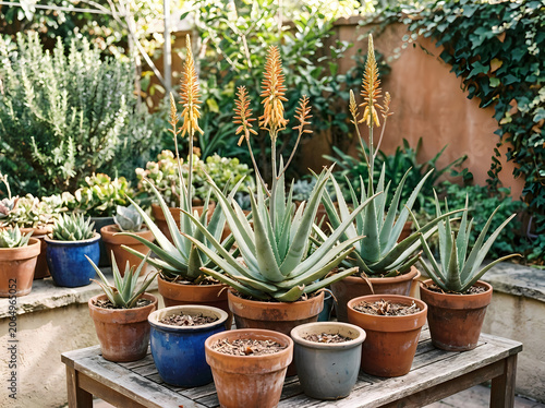 Blooming Aloe Vera Plants in Garden Pots