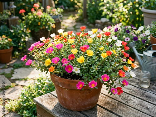 Vibrant Portulaca flowers blooming in a terracotta pot on a sunny garden bench.