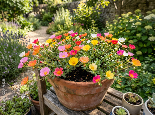 Vibrant Portulaca Flowers in Terracotta Garden Pot