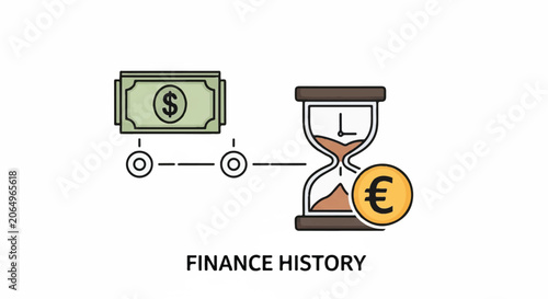 Illustration showing finance history with a money wagon and hourglass symbolizing currency evolution.