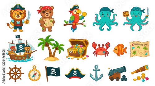 Konstfotografi Cute pirate animals and treasure hunt elements collection