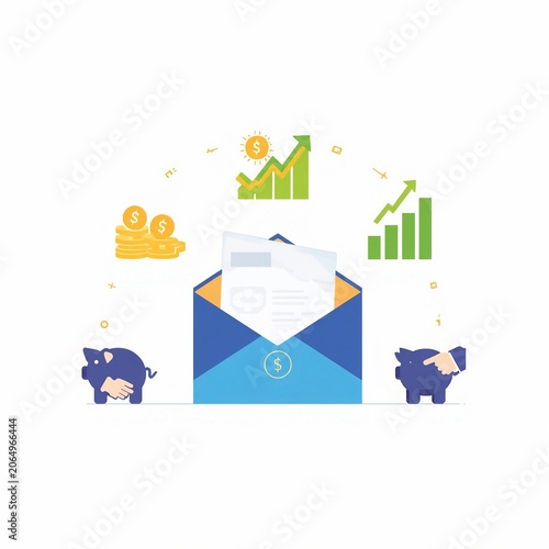 Open document folder with financial growth and business analytics icons, flat vector illustration