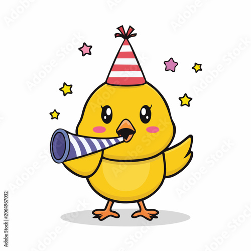 Cute Chick Wearing Party Hat Blowing Horn