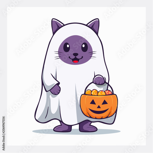 Cute cat dressed as a ghost holding a pumpkin candy bucket