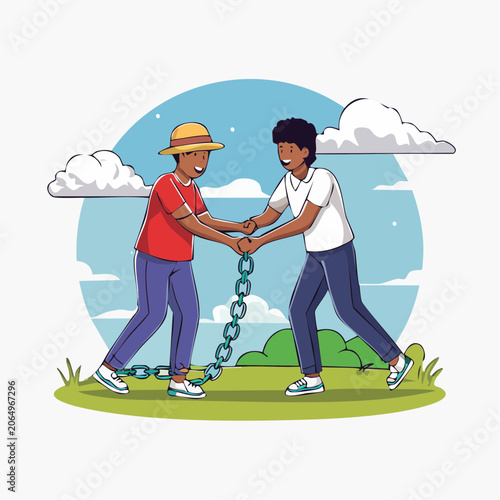 Two people breaking a chain symbolizing freedom and unity