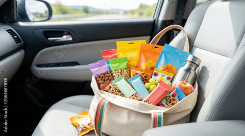 Snack bag filled with colorful snacks in car for summer road trips driving  