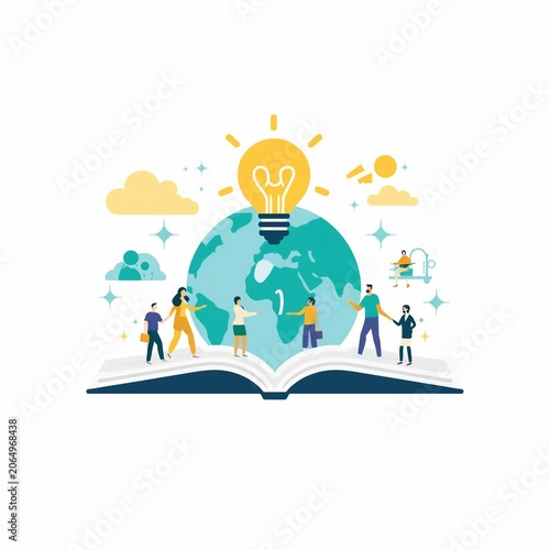 Global teamwork and knowledge sharing concept, people connecting around an open book with globe and lightbulb, flat vector illustration