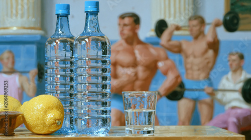 Fresh Hydration Still Life with Athletes Training in the Bright Background