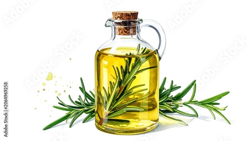 A glass bottle filled with yellow oil and a sprig of rosemary