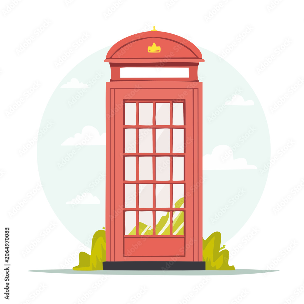 Obraz premium A red telephone booth stands against a cloudy circular background in this minimalist vector illustration conveying travel and communication.