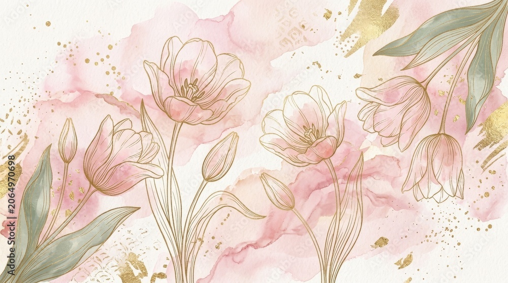 Fototapeta premium Luxury Tulip Watercolor Gold Background
