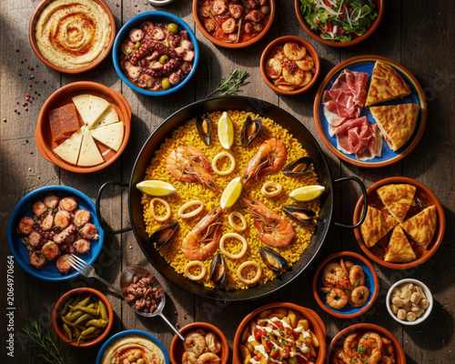 Authentic Spanish Paella Feast with Assorted Tapas and Seafood on Rustic Wooden Table Top View