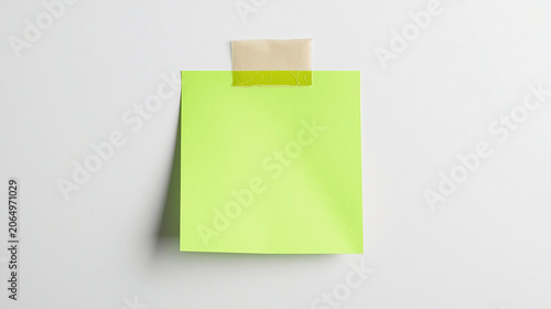 A blank, square neon green sticky note is affixed to a plain white surface with a piece of translucent beige adhesive tape.