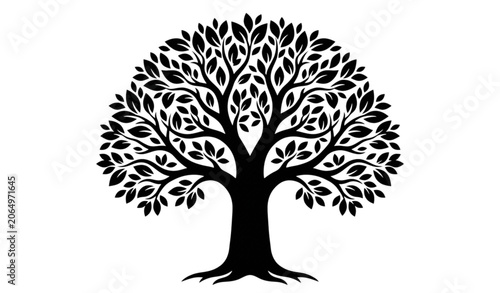 Stylized Leafy Tree Silhouette Strong Trunk Spreading Branches Flat Vector Black Isolated Illustration