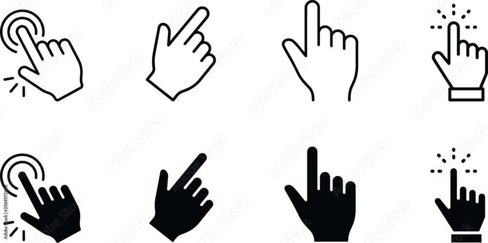Fototapeta premium Hand Click and Touch Gesture Icons Set, Finger Tap Pointer Symbol Collection, Outline and Silhouette User Interface Navigation Vector Illustration