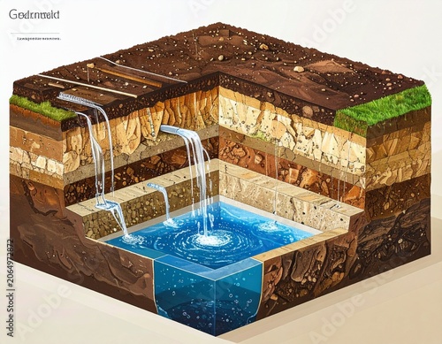 Cross-sectional view of groundwater recharge through rainwater harvesting, rainwater