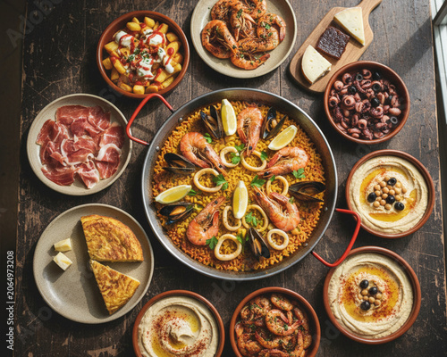 Authentic Spanish Tapas Feast with Seafood Paella, Jamon Iberico, Patatas Bravas and Hummus on Rustic Wooden Table