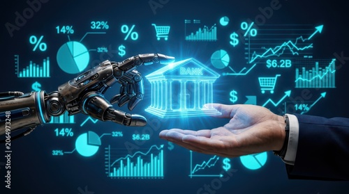 Robotic automation in finance ai hand presenting a digital bank building with financial data overlays