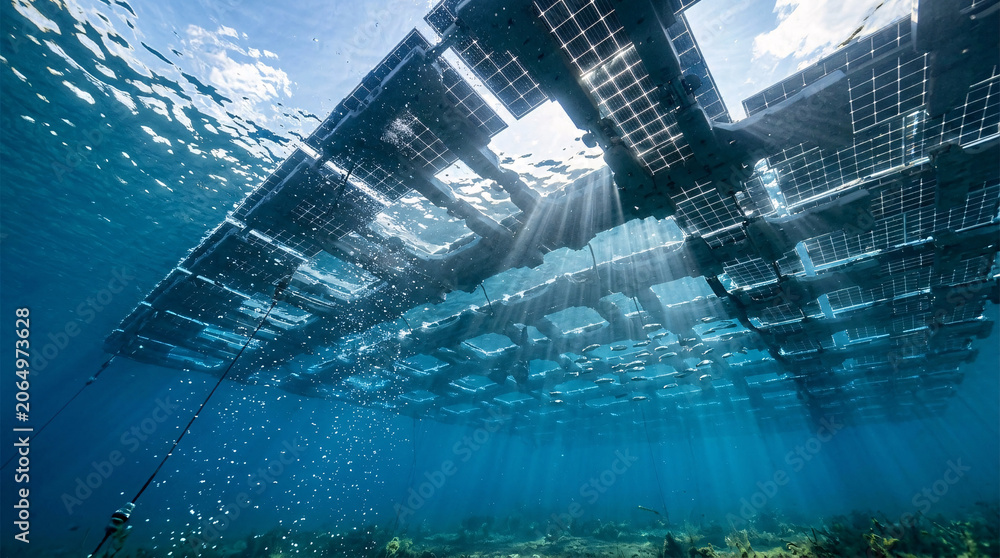 Fototapeta premium Underwater View of Large Scale Solar Farm and Offshore Wind Turbines for Renewable Energy Production