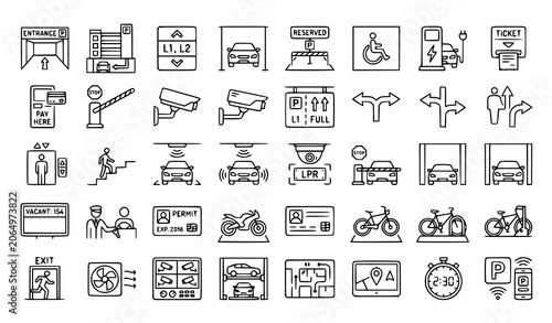 Quadro su tela Underground Parking Garage Line Icon Set with Vehicle Parking and Facility Manag