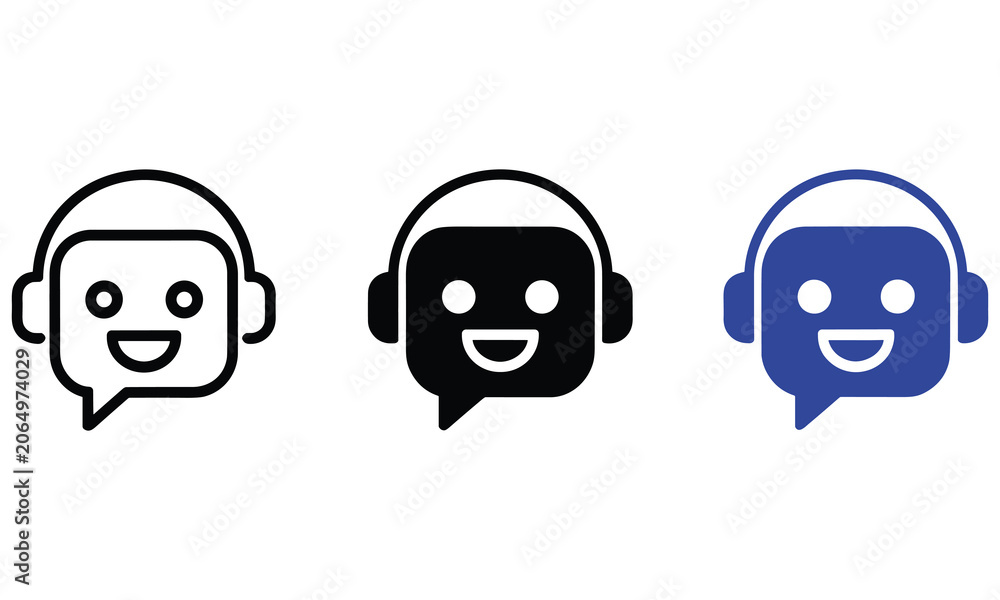 Fototapeta premium Three distinct styles of friendly chatbot head icons wearing modern headphones for customer support interfaces on a clean white background