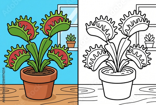 Venus Flytrap in Potted Plant: A vivid illustration of a Venus flytrap plant in a terracotta pot, showcasing its unique carnivorous nature. The image presents both a colored and line-art version.