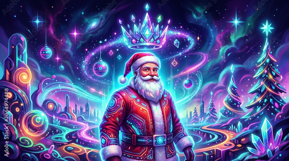 Fototapeta premium Magical santa claus in a vibrant cosmic landscape filled with stars and colorful swirling patterns