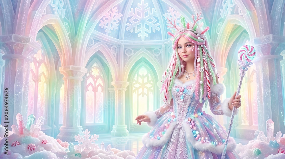 Fototapeta premium Magical ice princess surrounded by a whimsical castle adorned with vibrant snowflakes and delightful candy decorations