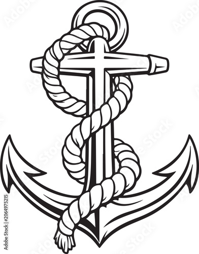 Nautical Anchor with Rope and Cross white background