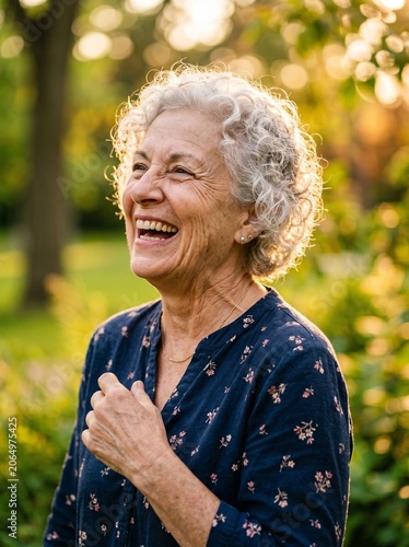 Happy elderly lady with grey hair smiling outdoors expressing genuine life satisfaction