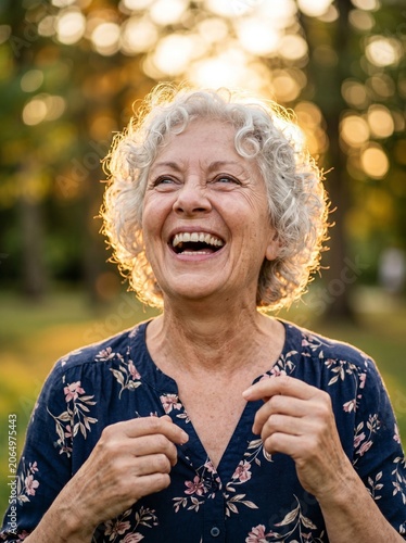 Healthy active aging concept featuring vibrant senior female smiling in summer park