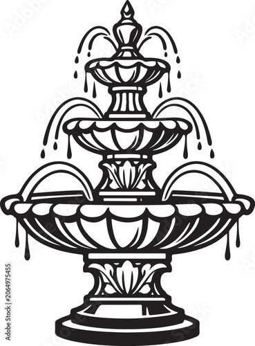 Black Fountain with Water Streams Isolated on White