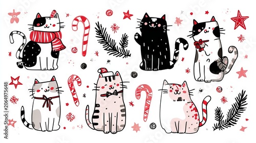 53.Festive cat clipart set with adorable cats in Christmas poses, candy canes, stars and pine branches, clean vector illustration, cheerful holiday decoration collection