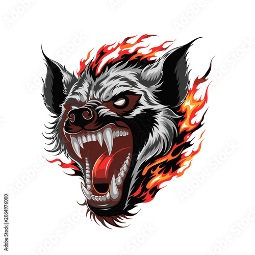 A ferocious hyena head laughing aggressively