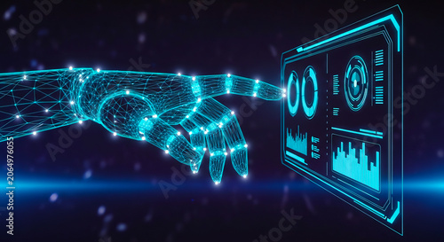 Wireframe robotic hand touching a digital interface screen with glowing blue data charts and light dots