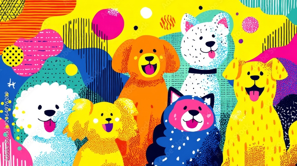 Naklejka premium 35.Colorful dog themed vector background with playful dogs and decorative shapes, flat illustration style, event and party celebration concept