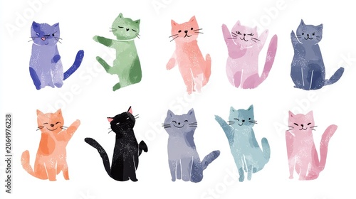 32.Minimal doodle style kitten vector set with rounded shapes, flat color palette, joyful cat poses, isolated white background