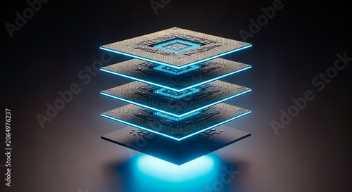 Multiple stacked computer processor chips glowing with intense blue light against a dark solid background
