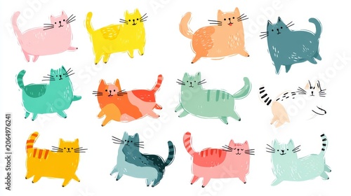 31.Cute doodle cat characters illustrated in flat color vector style, playful movements and humorous expressions, festive pet day theme