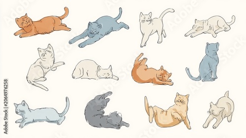 48.Minimal doodle style vector collection of cats and kittens, different playful poses, soft color palette, isolated white background