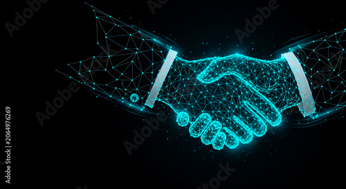 Glowing blue digital handshake formed by interconnected lines and dots representing a successful business deal