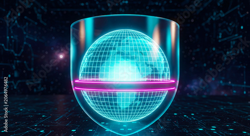 Glowing digital globe protected by a translucent holographic shield in a futuristic dark cyber space