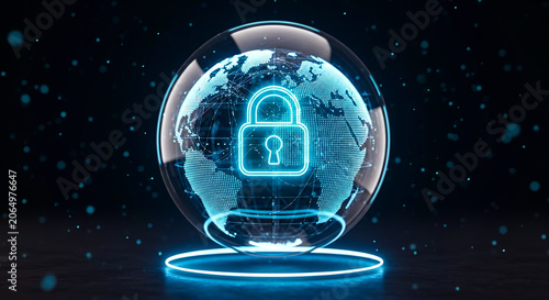 Glowing digital globe inside a glass sphere featuring a bright blue padlock for cybersecurity data protection