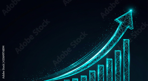 Glowing blue digital financial arrow graph showing massive growth and success in a dark background