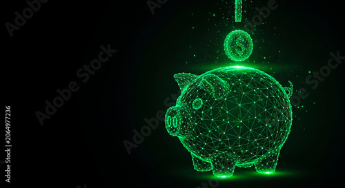 Glowing green digital piggy bank with falling coins created using wireframe mesh technology on black