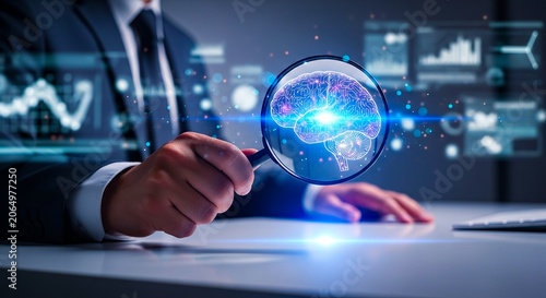 Professional business person holding a magnifying glass to examine a glowing digital artificial intelligence brain