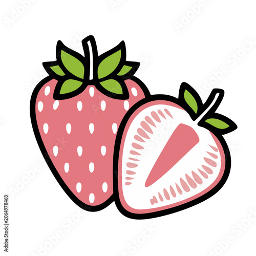 Flat design illustration of a strawberry and slice