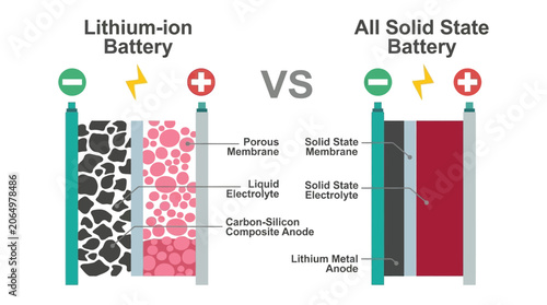 Εκτύπωση καμβά Lithium ion And All Solid State Battery Comparison Vector Illustration