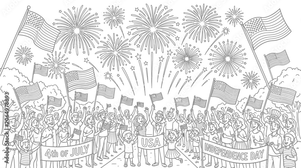 Fototapeta premium People celebrate with fireworks and flags in a festive outdoor event at night.